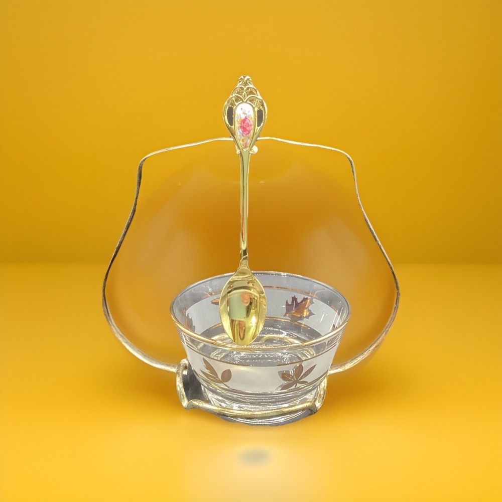 Vintage Libbey Golden Foliage Frosted Condiment‎ Dish Glass with Gold-Tone